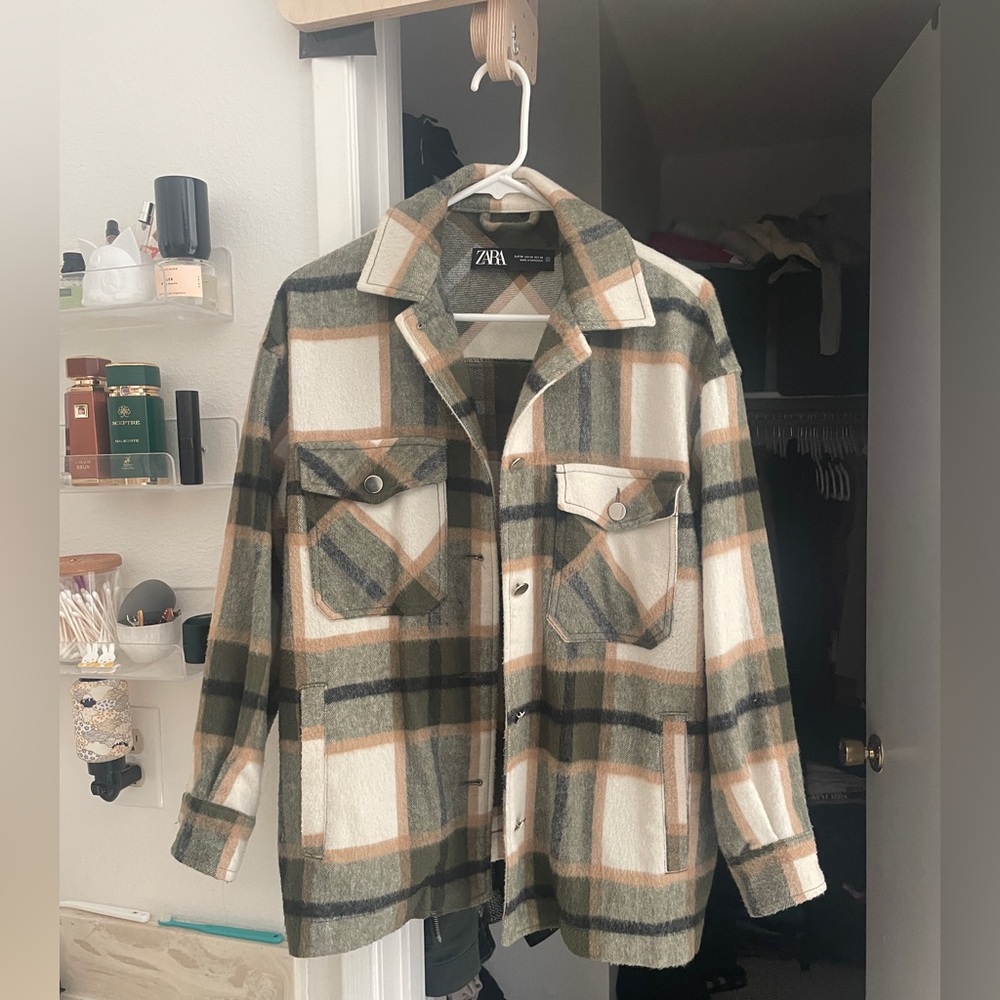 Zara Plaid Overshirt in Green and Tan Shacket Jacket
